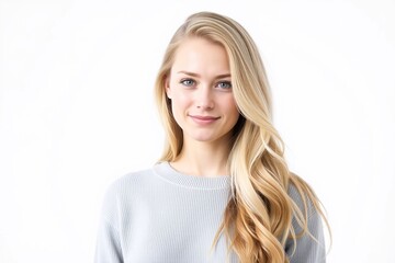Obraz premium Pretty smiling joyfully female with fair hair, dressed casually, looking with satisfaction at camera, being happy. Studio shot of good-looking beautiful woman isolated against blank studio wall. 