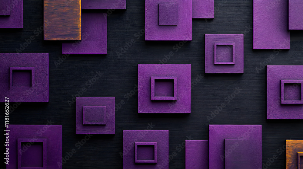 Poster many symmetrical purple rhombuses and squares on a black background. bright abstract pattern of geom