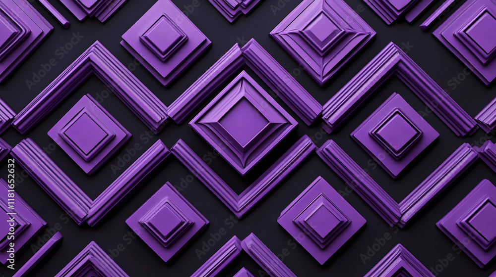 Poster many symmetrical purple rhombuses and squares on a black background. bright abstract pattern of geom