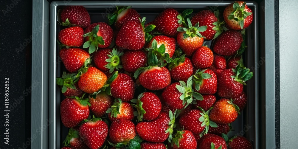 Poster overhead view of a fresh strawberry drawer filled with vibrant fresh strawberries, showcasing the ju