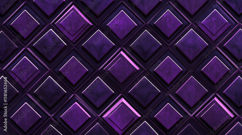 Poster many symmetrical purple rhombuses and squares on a black background. bright abstract pattern of geom