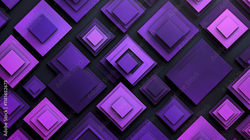 Poster many symmetrical purple rhombuses and squares on a black background. bright abstract pattern of geom