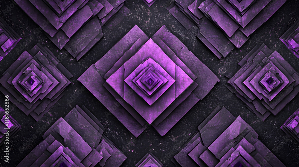 Poster many symmetrical purple rhombuses and squares on a black background. bright abstract pattern of geom