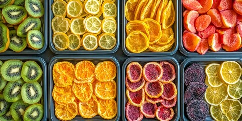 Top view of drying trays filled with vibrant, fresh fruits, showcasing an array of colorful and nutritious options perfect for healthy snacking and preservation. Fresh fruits on drying trays look
