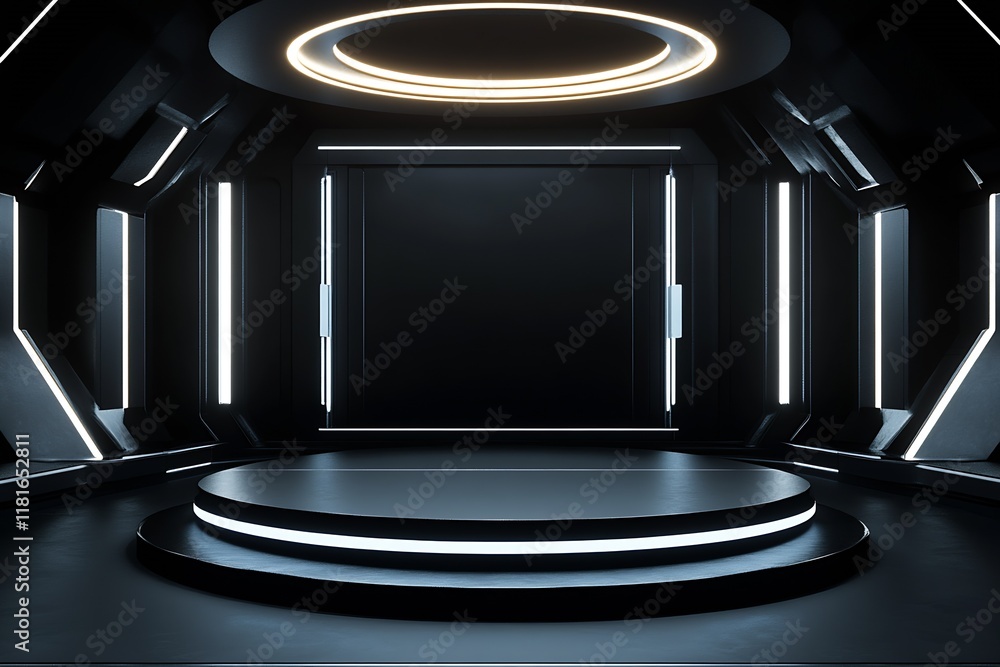Poster Sleek Black Sci-Fi Room With Circular Neon Ring Ceiling and Stage : Generative AI