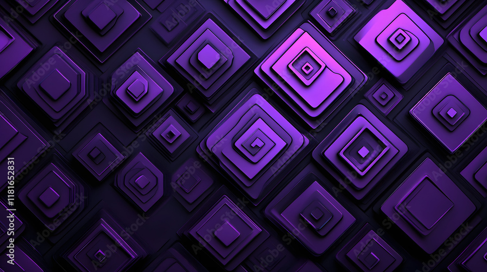 Poster many symmetrical purple rhombuses and squares on a black background. bright abstract pattern of geom
