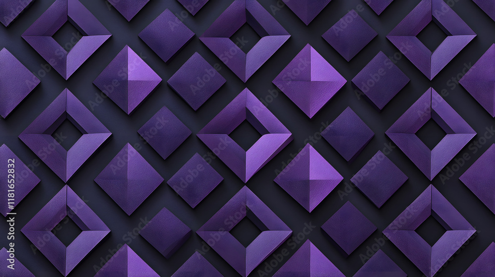 Poster many symmetrical purple rhombuses and squares on a black background. bright abstract pattern of geom