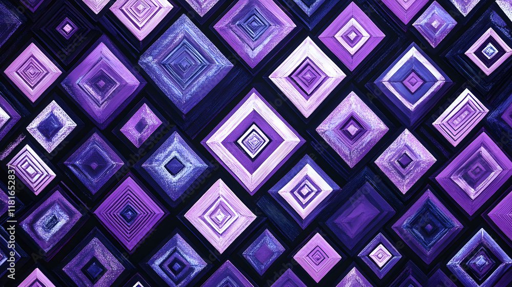 Poster many symmetrical purple rhombuses and squares on a black background. bright abstract pattern of geom