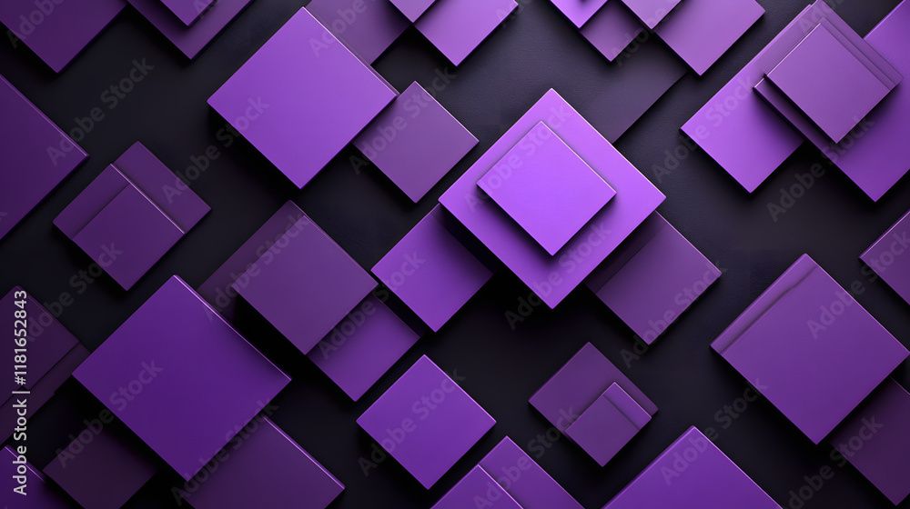 Poster many symmetrical purple rhombuses and squares on a black background. bright abstract pattern of geom