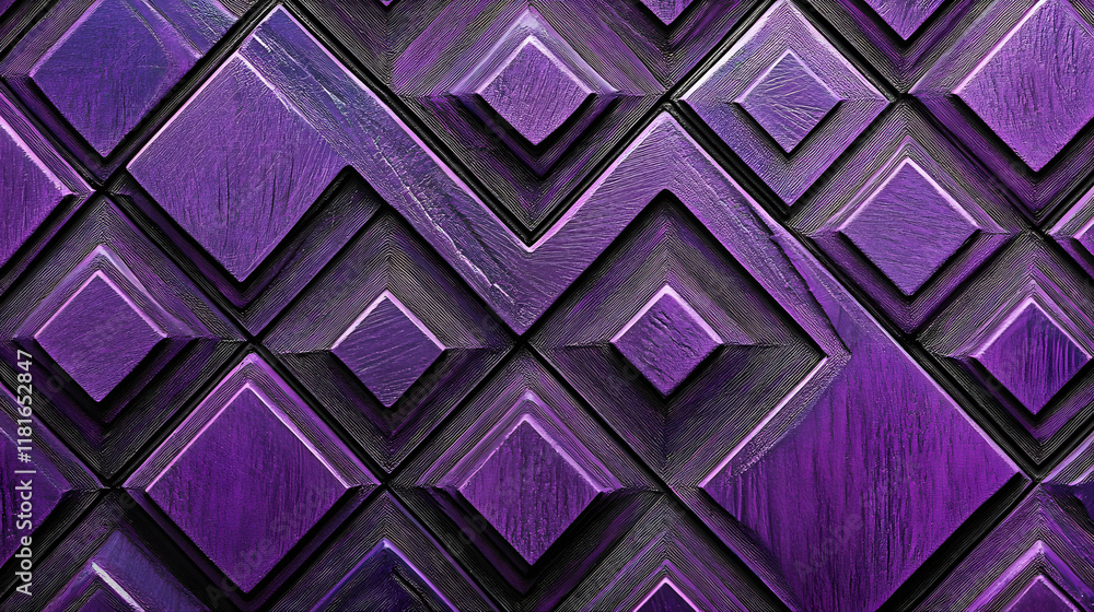 Poster many symmetrical purple rhombuses and squares on a black background. bright abstract pattern of geom