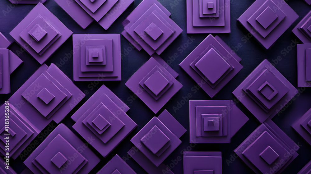 Poster many symmetrical purple rhombuses and squares on a black background. bright abstract pattern of geom