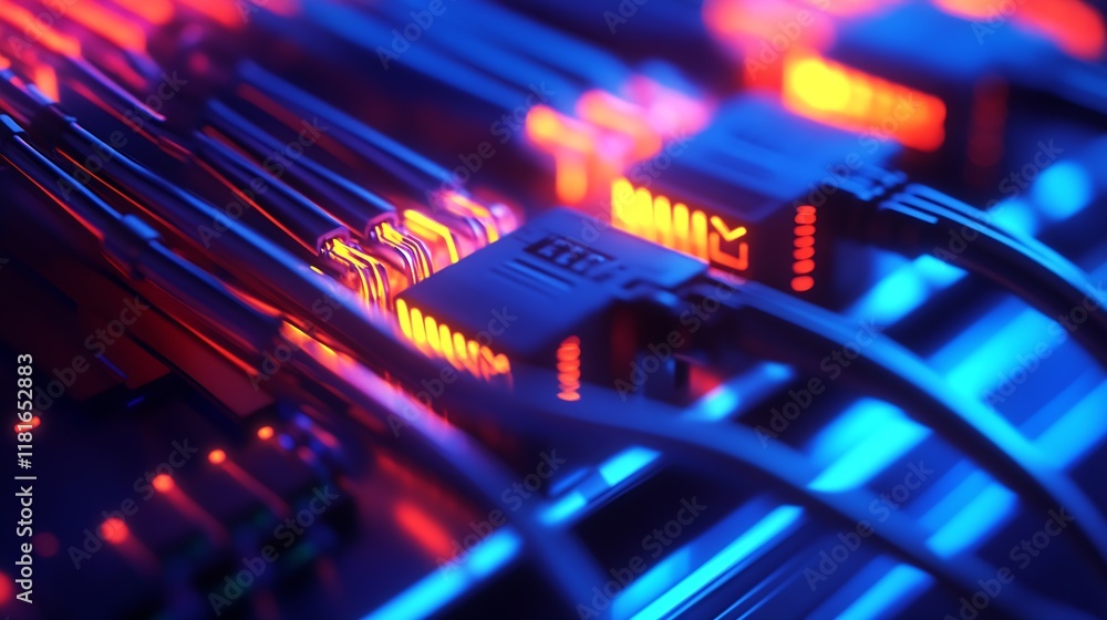 Fototapete illuminated high tech network cables and server rack connections : generative ai