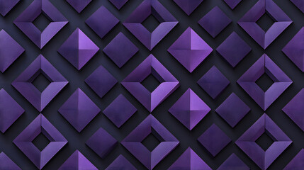 Fototapeta premium Many symmetrical purple rhombuses and squares on a black background. Bright abstract pattern of geometric carved and fancy shapes.