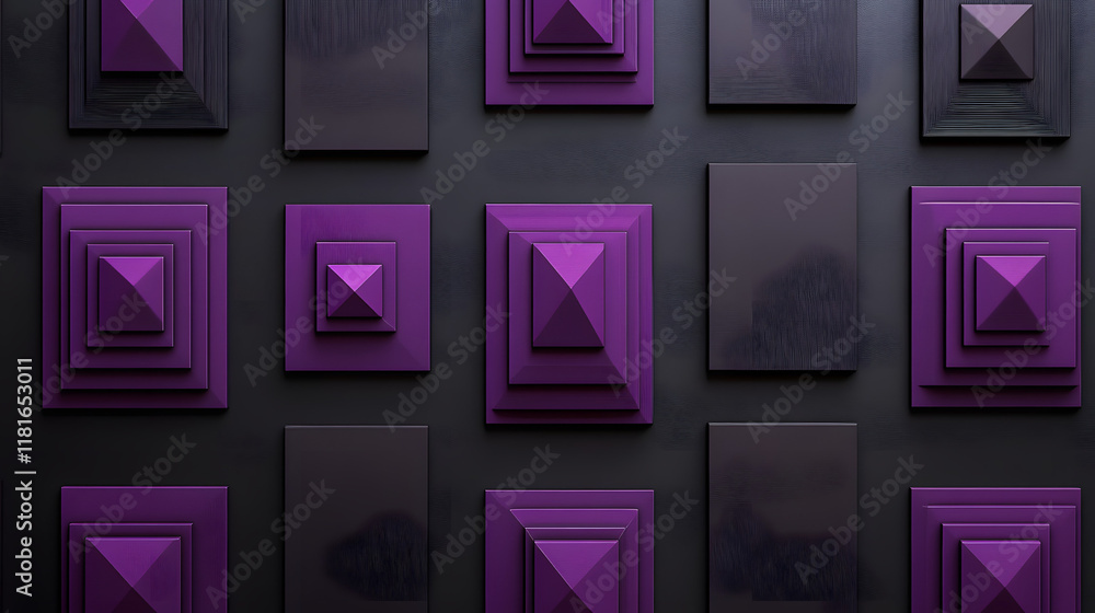 Poster many symmetrical purple rhombuses and squares on a black background. bright abstract pattern of geom