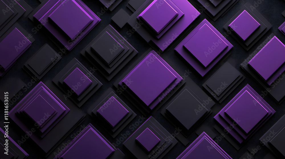 Poster many symmetrical purple rhombuses and squares on a black background. bright abstract pattern of geom