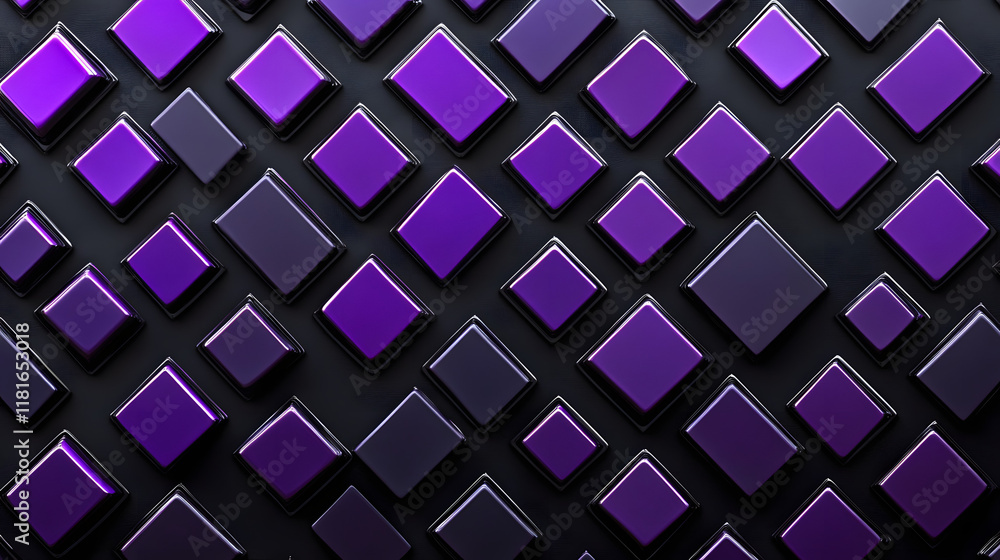 Poster many symmetrical purple rhombuses and squares on a black background. bright abstract pattern of geom