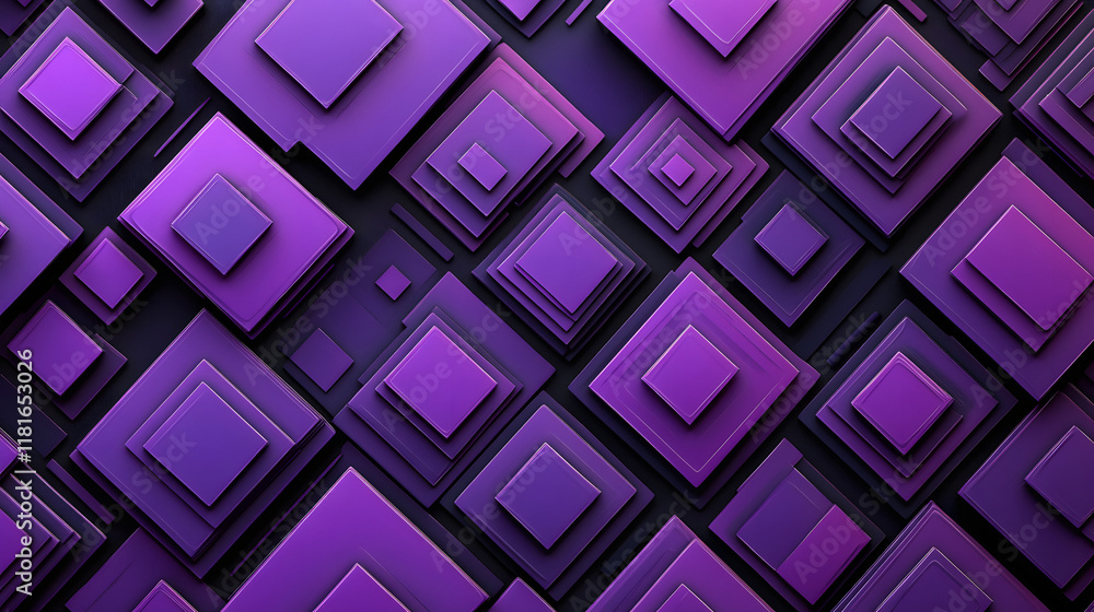 Poster many symmetrical purple rhombuses and squares on a black background. bright abstract pattern of geom