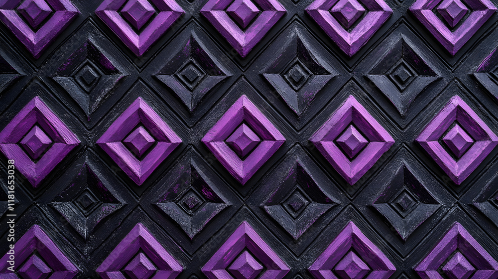 Poster many symmetrical purple rhombuses and squares on a black background. bright abstract pattern of geom