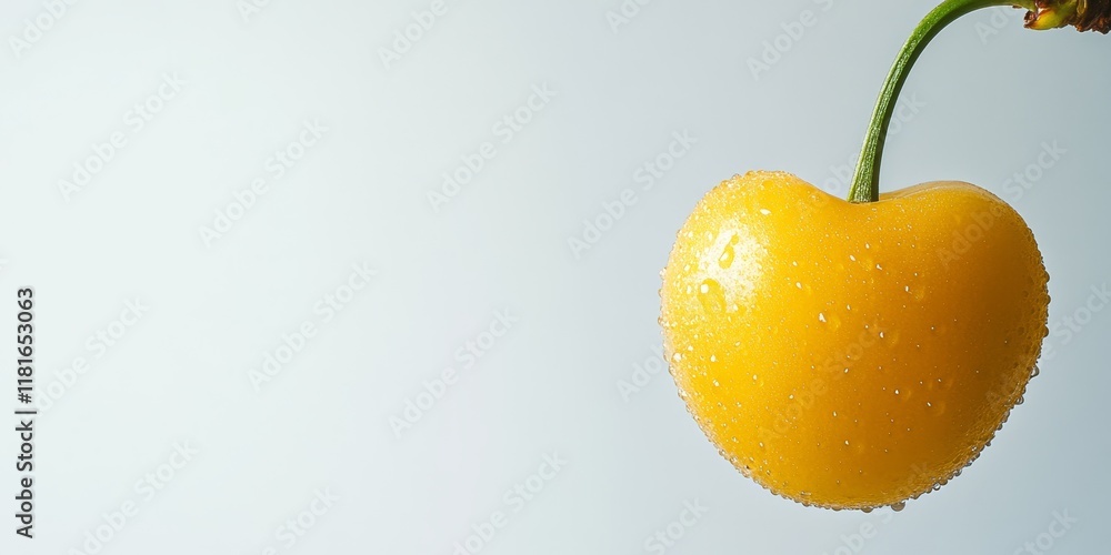 Poster close up view of a yellow cherry against a white background, showcasing the vibrant color and textur