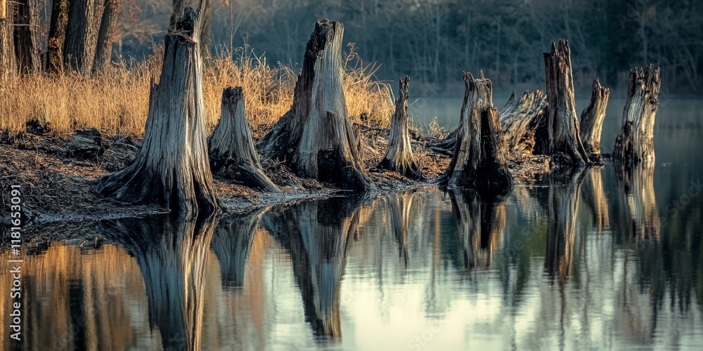 Poster dead tree trunks line the shoreline of a serene pond within a forest park, creating a striking visua