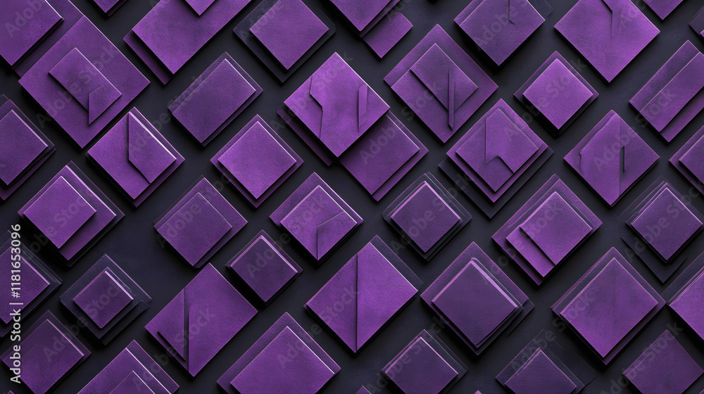 Poster many symmetrical purple rhombuses and squares on a black background. bright abstract pattern of geom