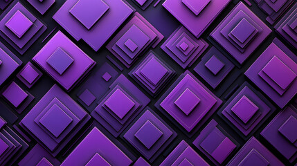 Fototapeta premium Many symmetrical purple rhombuses and squares on a black background. Bright abstract pattern of geometric carved and fancy shapes.
