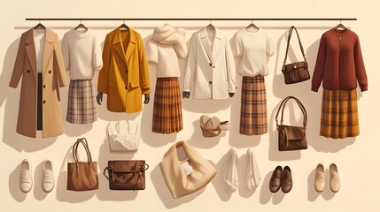Women's fall wardrobe featuring stylish sweaters on a light grey surface.