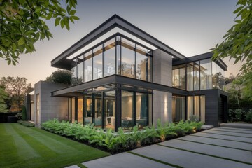 Modern house with extensive glass walls, stone facade, and landscaped lawn, showcasing a sleek architectural design.