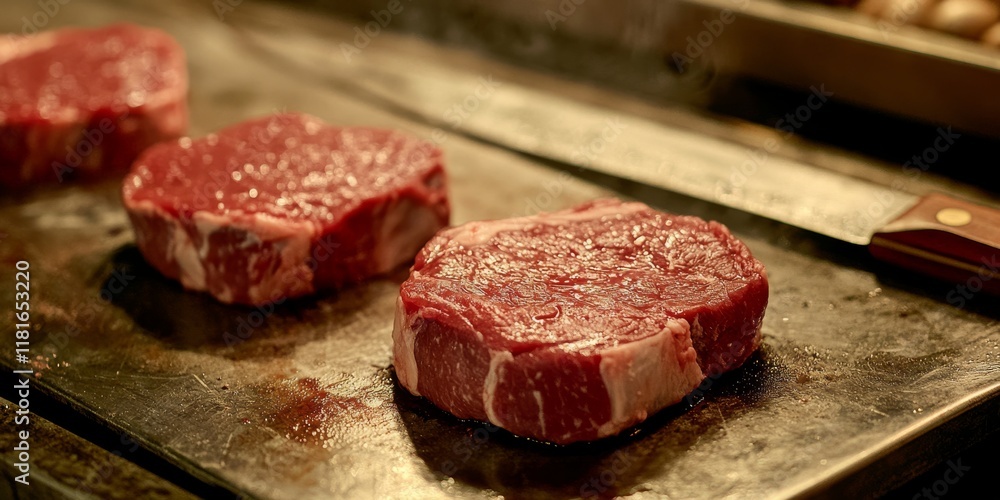 Aufkleber Raw uncooked beefsteaks displayed on a butcher s knife highlight the freshness and quality of raw uncooked beefsteaks, ideal for culinary presentations and appetizing visuals.