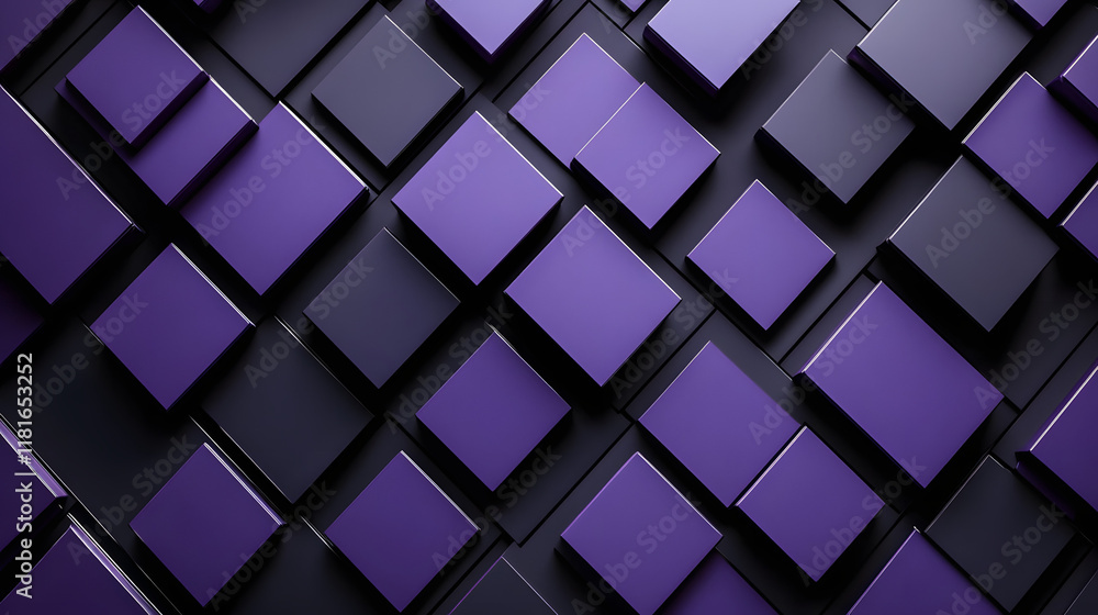 Poster many symmetrical purple rhombuses and squares on a black background. bright abstract pattern of geom