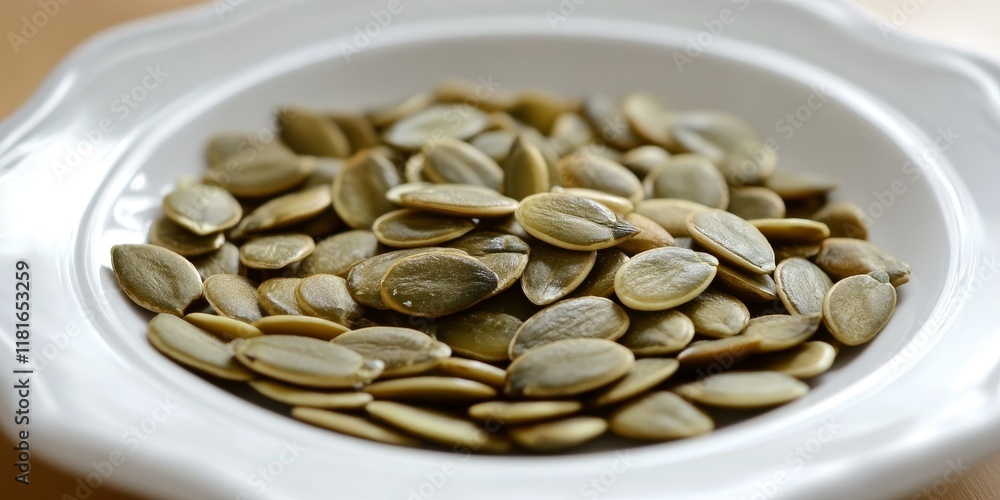 Poster pumpkin seeds displayed in a white plate create an appealing visual. the contrast of pumpkin seeds a
