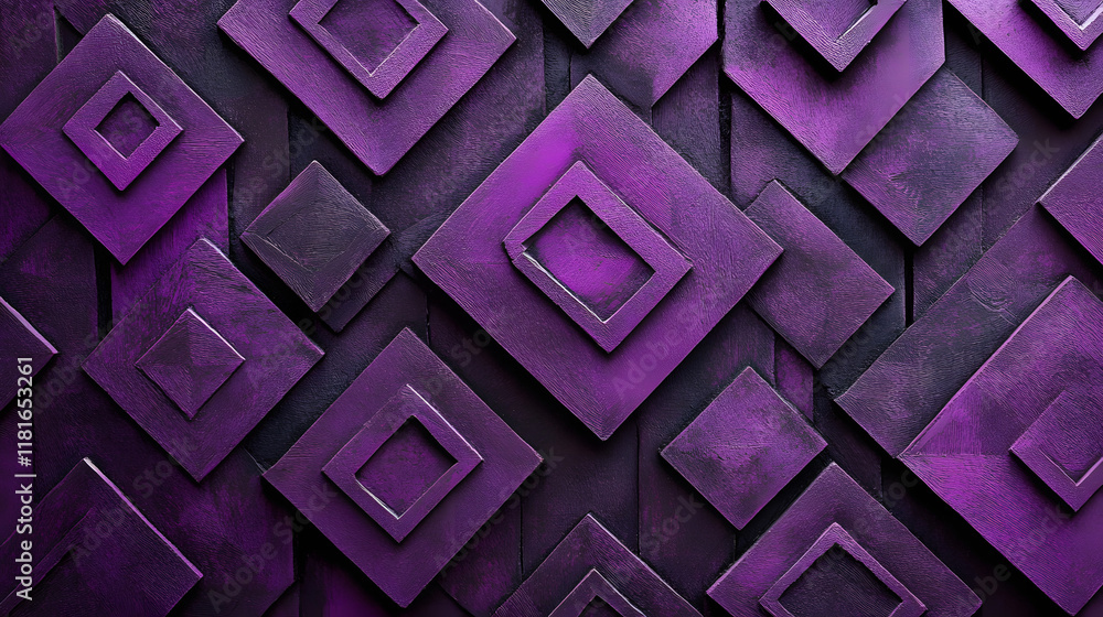 Poster many symmetrical purple rhombuses and squares on a black background. bright abstract pattern of geom