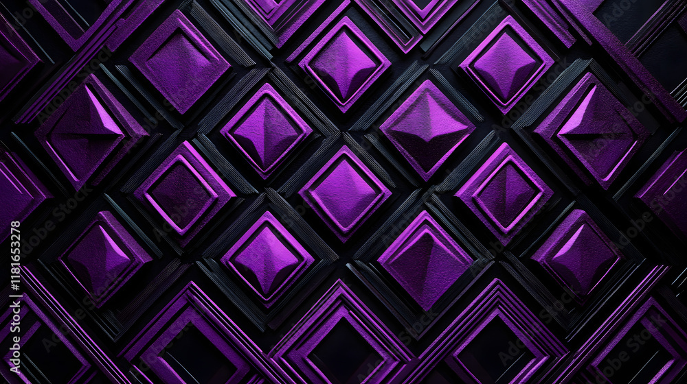 Poster many symmetrical purple rhombuses and squares on a black background. bright abstract pattern of geom