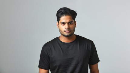 Obraz premium Serious South Asian man in black shirt against neutral background for professional and branding use 