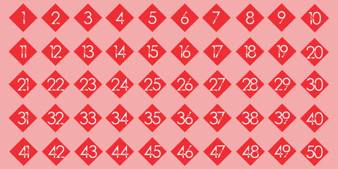 Numbers, 1 to 50, simple premium red and white diamond shape