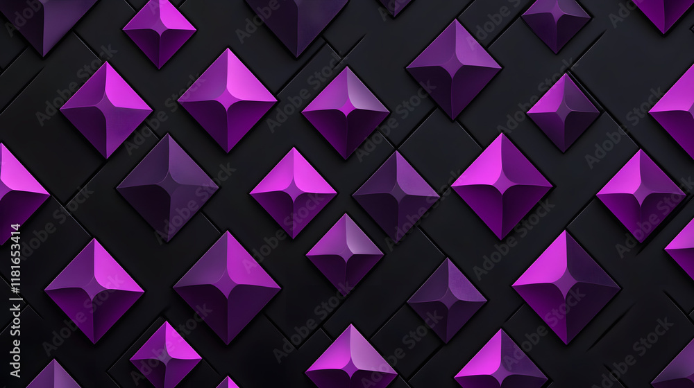 Poster many symmetrical purple rhombuses and squares on a black background. bright abstract pattern of geom
