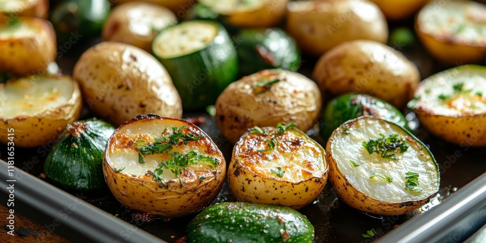 Poster Baked potatoes and zucchini arranged on a baking sheet create an enticing dish. This image showcases baked potatoes alongside zucchini, highlighted with a shallow depth of field for emphasis.