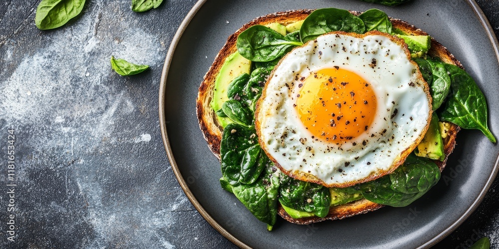 Poster avocado toast topped with spinach and a fried egg, viewed from above, showcases a delicious and nutr