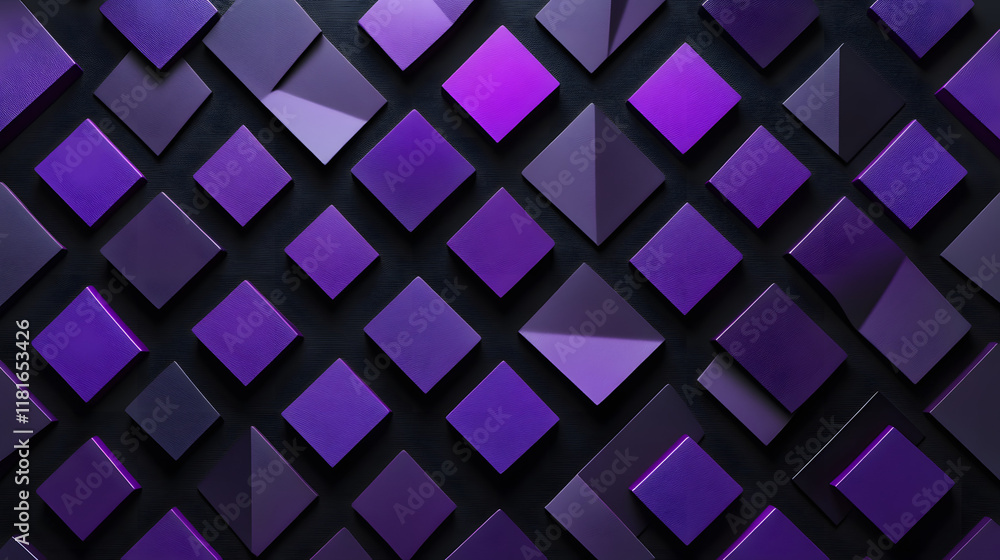 Poster many symmetrical purple rhombuses and squares on a black background. bright abstract pattern of geom