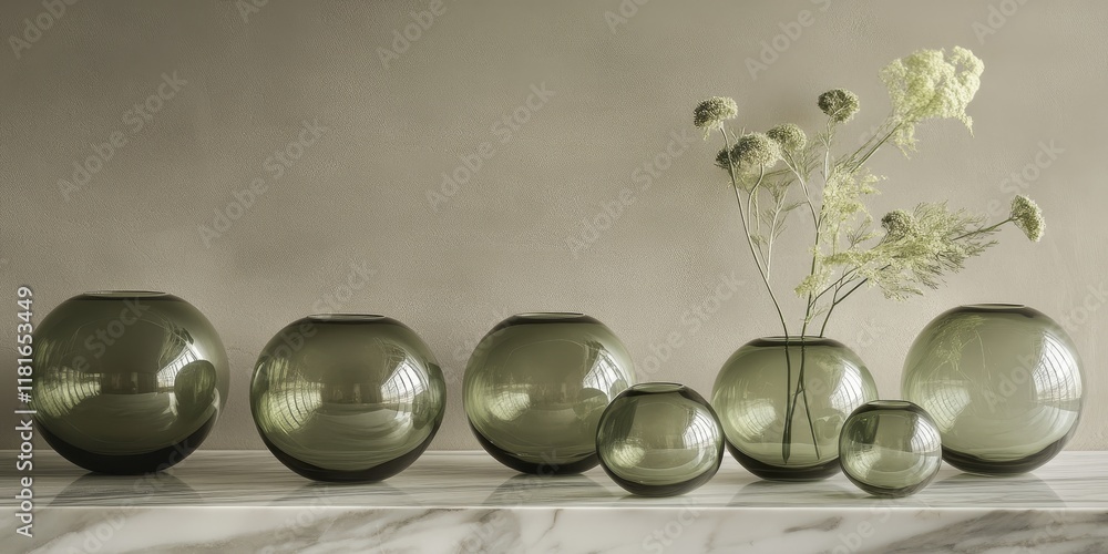Fototapete a series of round vases made from transparent green glass is arranged in a line against a marble bac