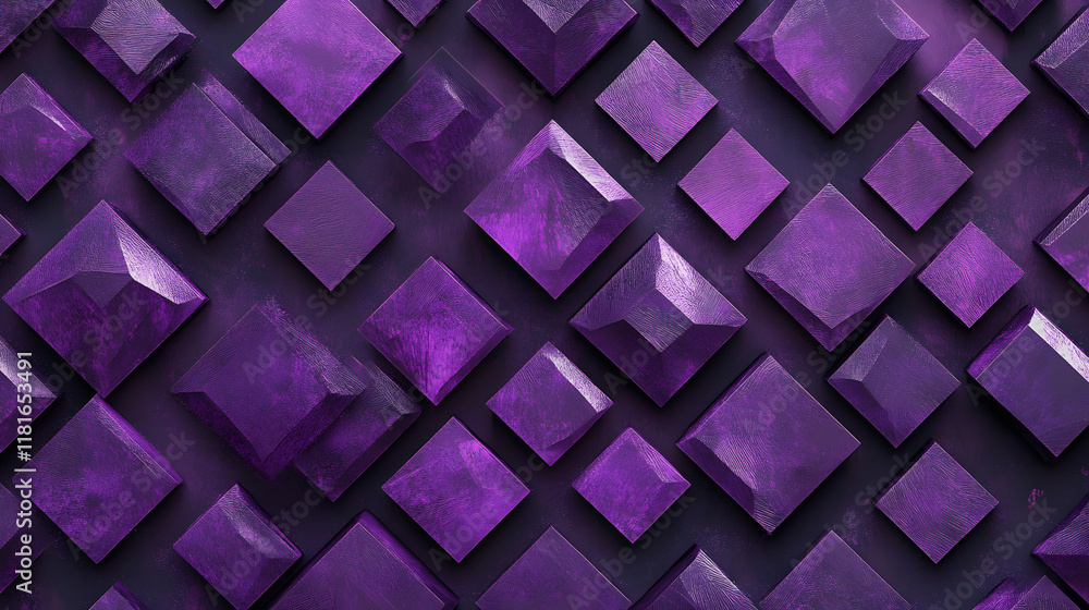Poster many symmetrical purple rhombuses and squares on a black background. bright abstract pattern of geom