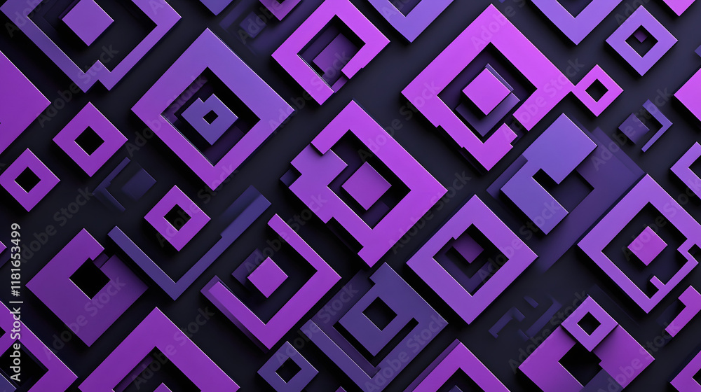 Poster many symmetrical purple rhombuses and squares on a black background. bright abstract pattern of geom