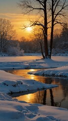 Naklejka premium sunset over a winter landscape in the forest