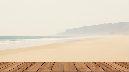 A beach landscape is displayed, with a wooden planked surface at the foreground.