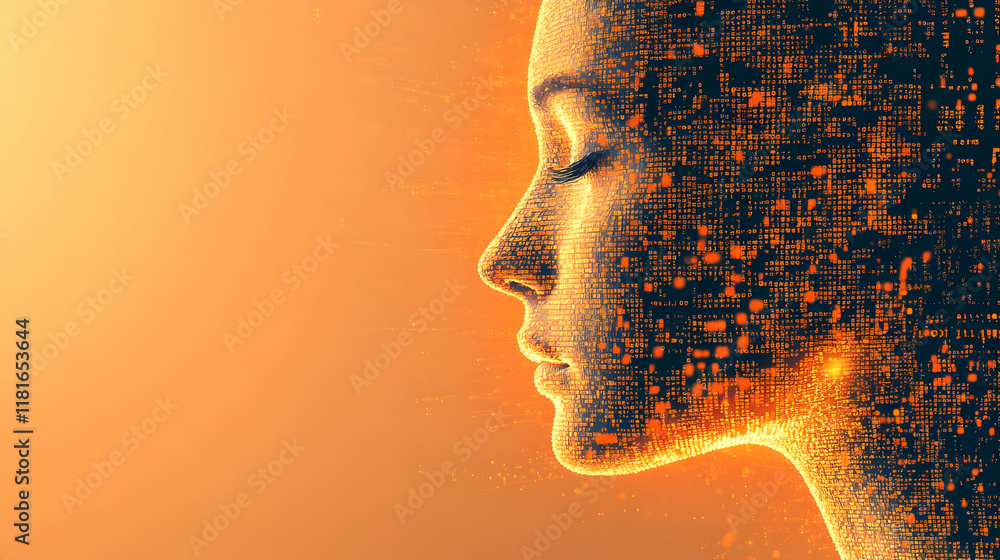 Poster digital human face formed by data stream code flow