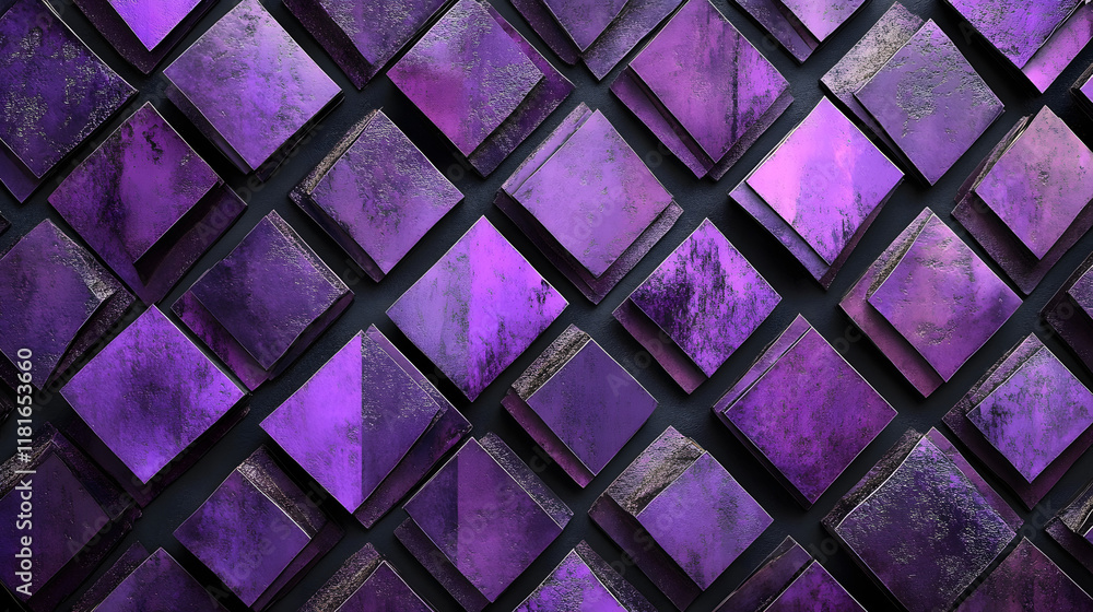 Poster many symmetrical purple rhombuses and squares on a black background. bright abstract pattern of geom