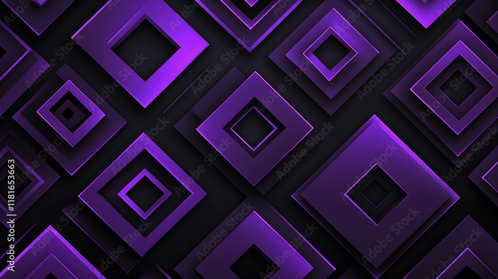 Poster many symmetrical purple rhombuses and squares on a black background. bright abstract pattern of geom