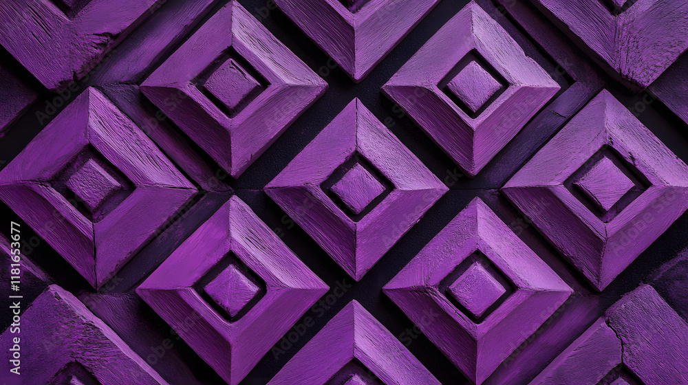 Poster many symmetrical purple rhombuses and squares on a black background. bright abstract pattern of geom