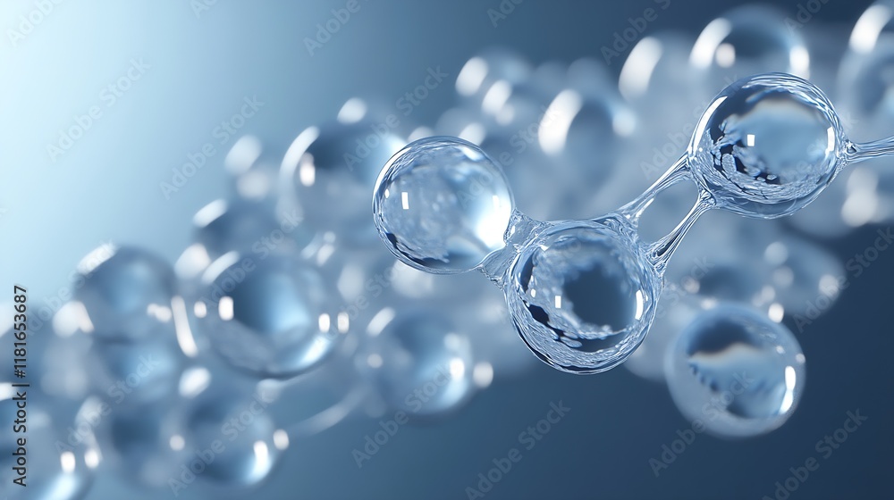 Aufkleber Closeup of Transparent Molecular Structure with Floating Glassy Spheres on Blurred Background : Generative AI