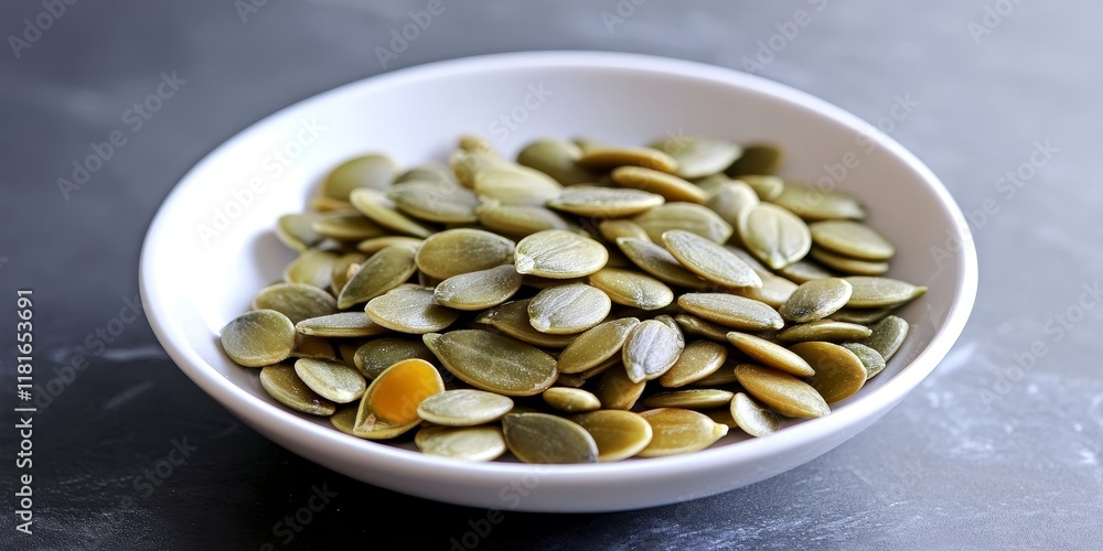 Poster pumpkin seeds displayed in a white plate create an appealing visual. the contrast of pumpkin seeds a